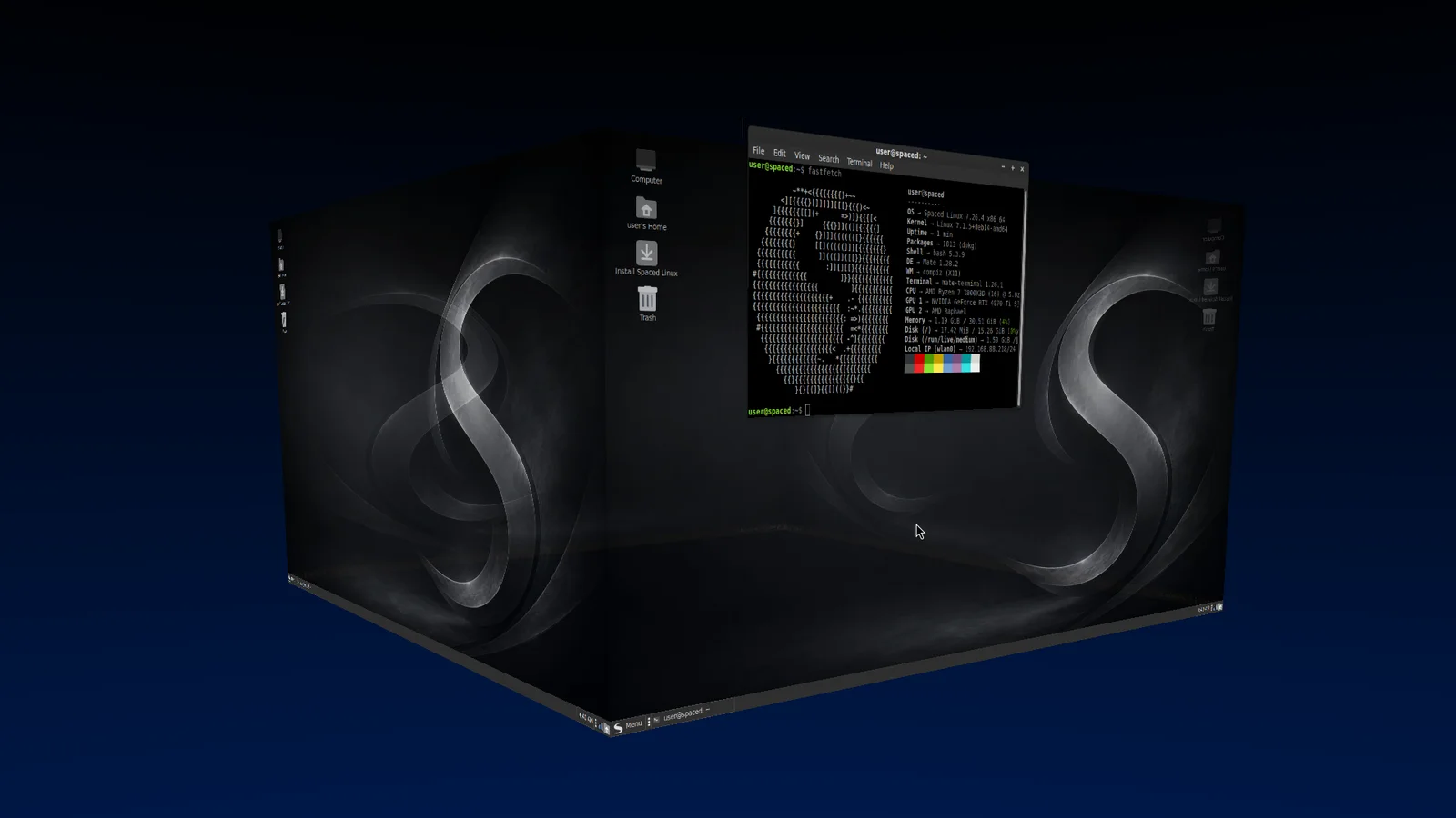 Spaced Linux Compiz workspace cube with a terminal